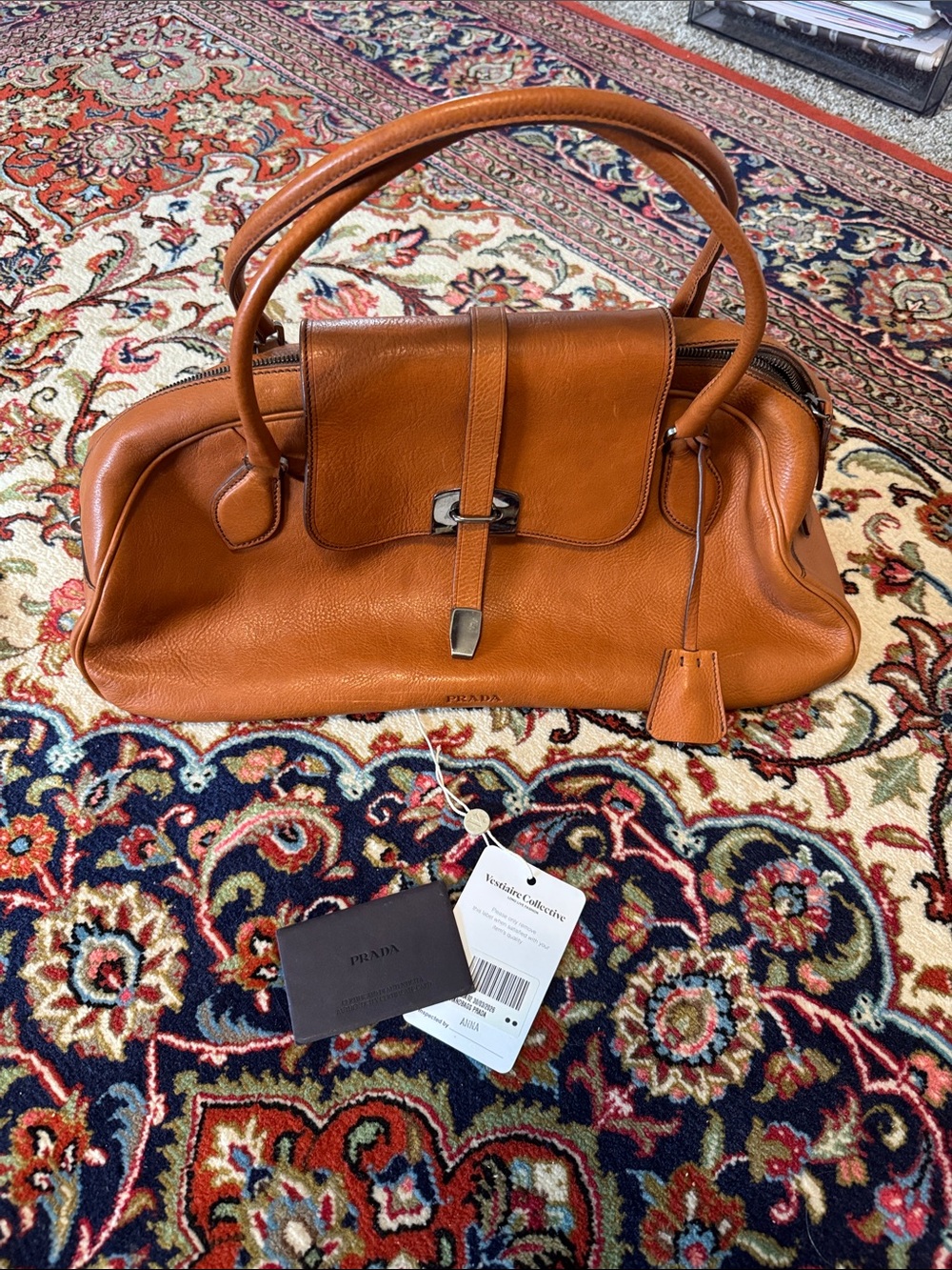 Prada Cognac Brown Leather Shoulder Bag bowler style vintage